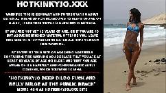 Hotkinkyjo deep dildo fuck and belly bulge at the public beach